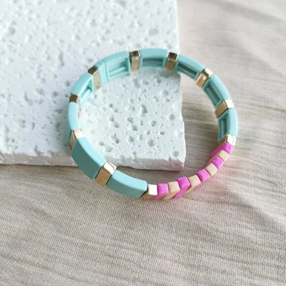 ✨Roxanne Assoulin✨ Rainbow Brite Gold Stretch Bracelet Light Blue Pink Orange - Picture 3 of 3